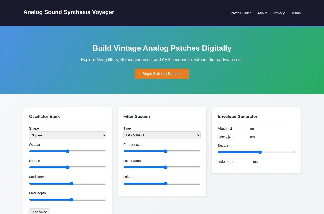 Screenshot of Analog Sound Synthesis Voyager interface showing the project page in use